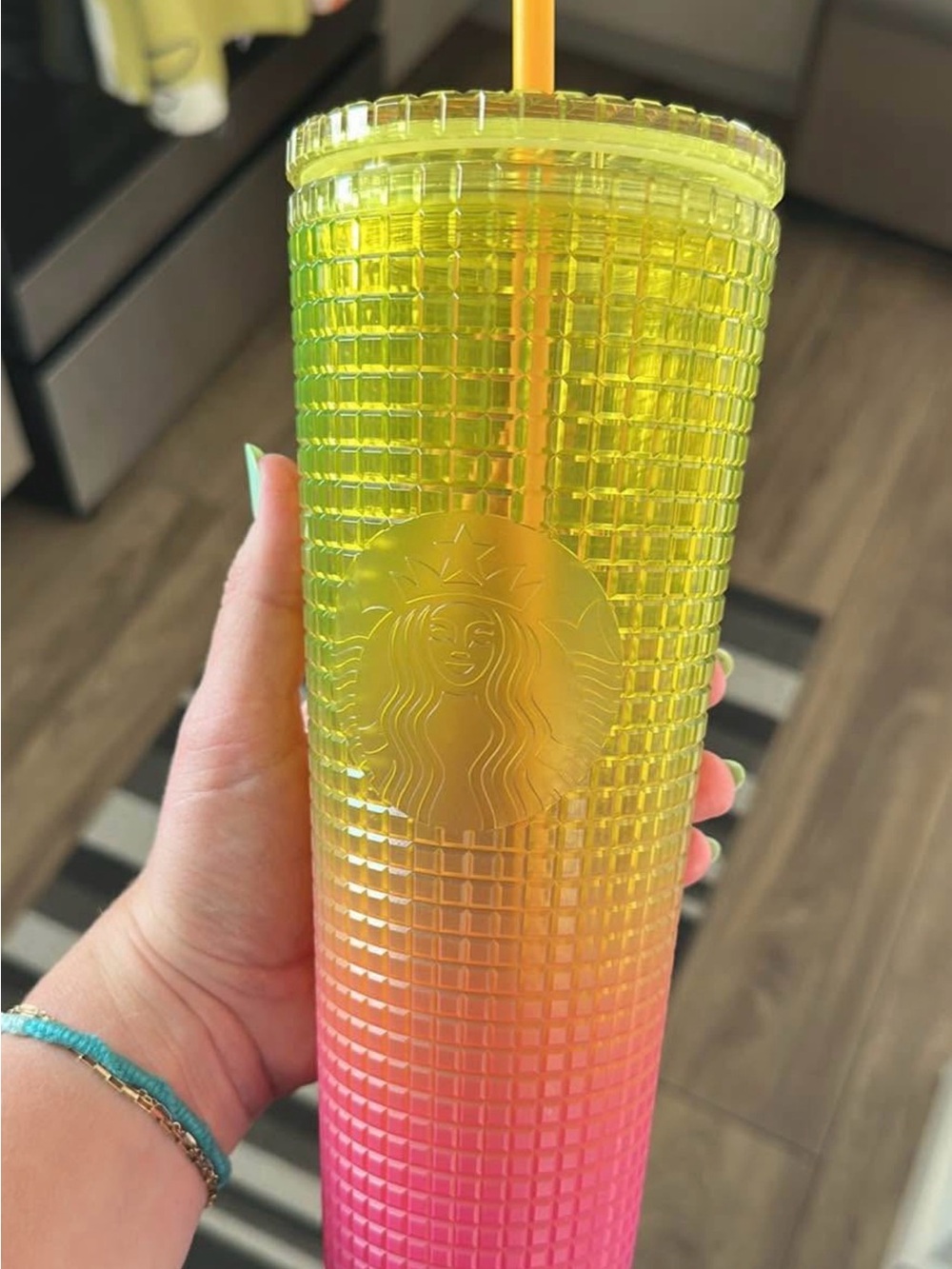 24 oz Starbucks Yellow to Pink Ombre Studded Reusable Tumbler with Straw